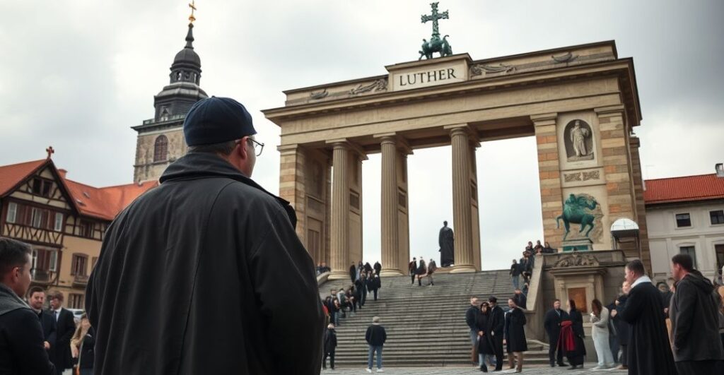 Katolicki pielgrzym w modlitewnym geście przed pomnikiem Lutra, symbolizujący krytykę protestanckiej herezji