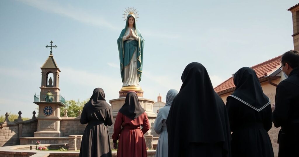 Realistyczny obraz katolickiego pielgrzymowania przy sanktuarium maryjnym, z modlącymi się wiernymi i figurą Matki Bożej, oddający pobożny i czysty charakter wydarzenia.