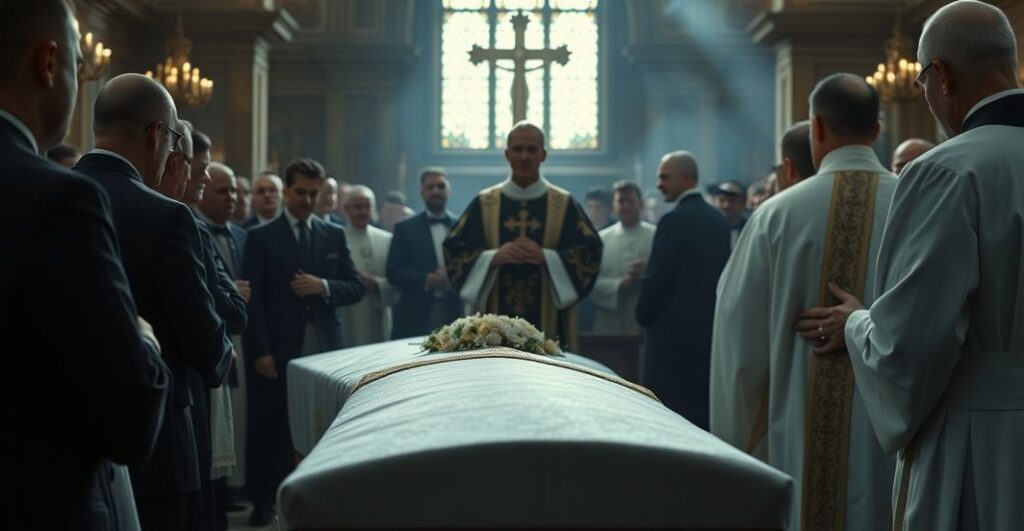 Requiem Catholic funeral with priest and mourners, symbolizing mourning for faith and truth against modernist heresy