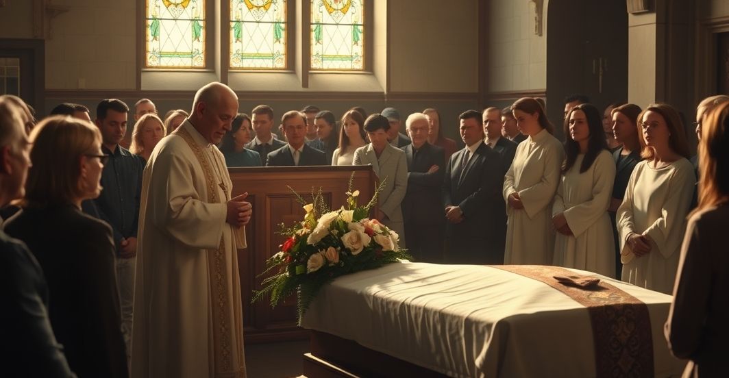 Fotografia realistycznego katolickiego pogrzebu z kapłanami i trumną, oddająca powagę i szacunek, bez elementów surrealistycznych czy nieodpowiednich symboli.