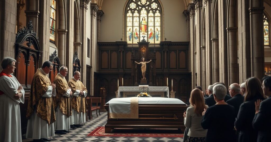 Realistyczne zdjęcie katolickiego pogrzebu w tradycyjnej świątyni z kapłanami i wiernymi, oddające powagę i religijny charakter ceremonii