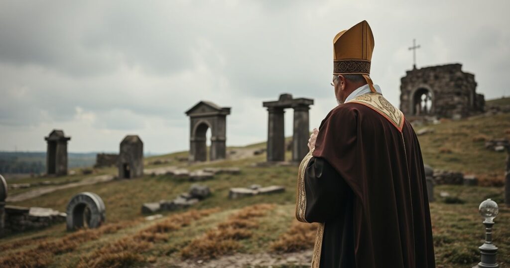 Rewersyjny obraz katolickiego kapłana modlącego się przed starożytnymi fundamentami na Wzgórzu Lecha, symbolizujący duchowe dziedzictwo Polski i krytykę współczesnej archeologii wobec zaniedbywania fundamentów wiary.