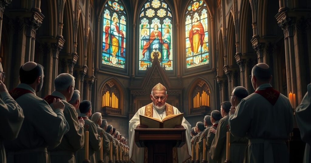 Reverentny obraz katolickiego kapłana w świątyni podczas czytania Pisma Świętego, symbolizujący duchowe sprzeciw wobec nowoczesnej inkwizycji cyfrowej