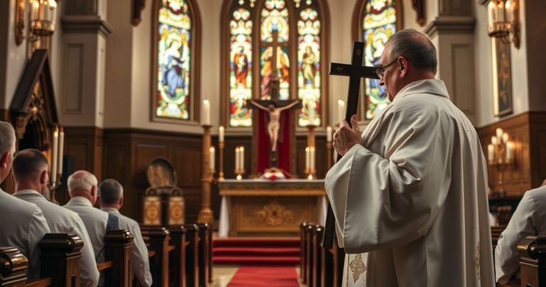 Reverent katolicki ksiądz w świątyni, modlitwa i refleksja nad zagrożeniami moralności i naukami Kościoła