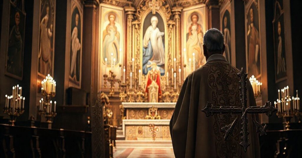 Kapłan modlący się w tradycyjnej katedrze, symbolizujący katolicką moralność wobec nowoczesnych zagrożeń bioetycznych