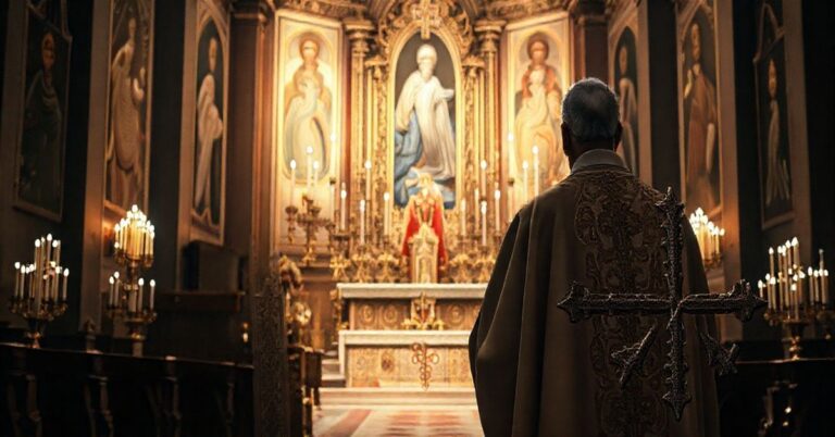 Kapłan modlący się w tradycyjnej katedrze, symbolizujący katolicką moralność wobec nowoczesnych zagrożeń bioetycznych