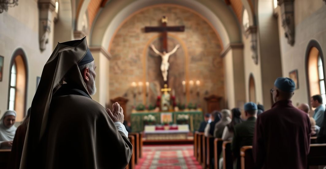 Katolicka scena modlitewna w sanktuarium w Mariamabad Rekonstrukcja modlącego się katolika w sanktuarium w Mariamabad, symbolizującego wiarę i męczeństwo w obronie Chrystusowego Królestwa