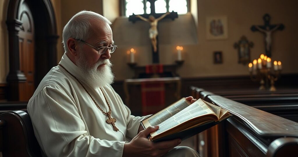Szczery katolicki teolog czytający Biblię i teksty teologiczne w skromnym kościele, symbolizujący tradycyjną wiarę i odrzucenie modernistycznych trendów