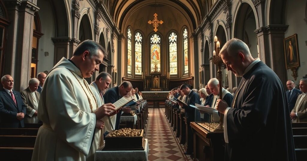 Szanowne katolickie wnętrze kościoła z duchownymi badającymi relikwie, symbolizujące troskę o dziedzictwo katolickie i powagę spraw religijnych