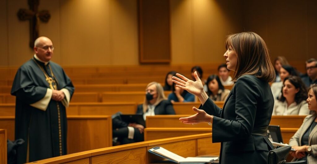 Kaplica katolicka z wykładowcą i studentami podczas kontrowersyjnej dyskusji o ideologii gender w uniwersytecie