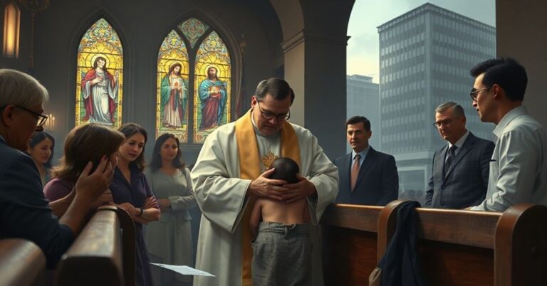 Prywatne foto: Kapłan w tradycyjnych szatach chrzci porzuconego dziecka w ciemnym wnętrzu kościoła z witrażami przedstawiającymi Serce Jezusowe. Obserwują go rodzice i urzędnik państwa w świeckim ubiorze. Scena symbolizuje konflikt między władzą Bożą a świecką.