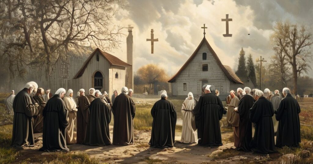 Grupa katolickich biskupów w pełnych szatach liturgicznych modli się przed obrazem Matki Boskiej Częstochowskiej w malowniczym polskim krajobrazie