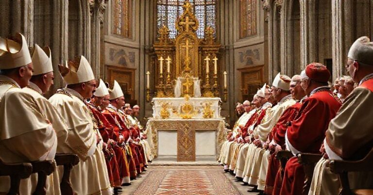 Tradycyjni katoliccy biskupi w katedrze dyskutują nad zagrożeniem związków jednopłciowych i obroną prawdy Bożej.