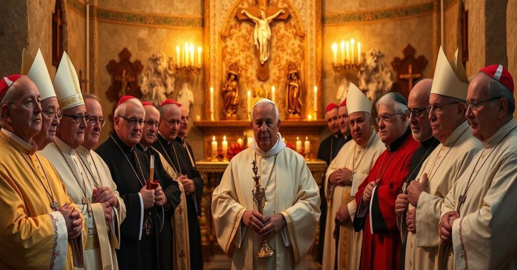 Grupa katolickich biskupów w tradycyjnych strój liturgicznych zbierających się w ołtarzu w Nazarecie w 2026 roku