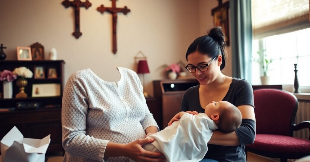 Katolickie centrum pomocy dla matek w Illinois - wolontariuszka wspiera młoda matkę z dzieckiem