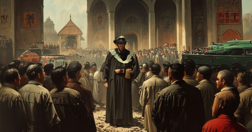 Tradycyjny katolicki księż w ornacie stoi przed grupą prześladowanych katoliów na Kubie, na tle zamkniętych kościów i symboli komunistycznych rządów Chiń i Kuby