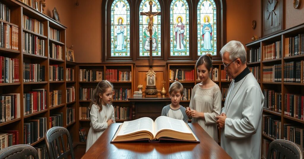 Rodzina katolicka czytająca ksiązki katolickie w tradycyjnej bibliotece w Mosinie