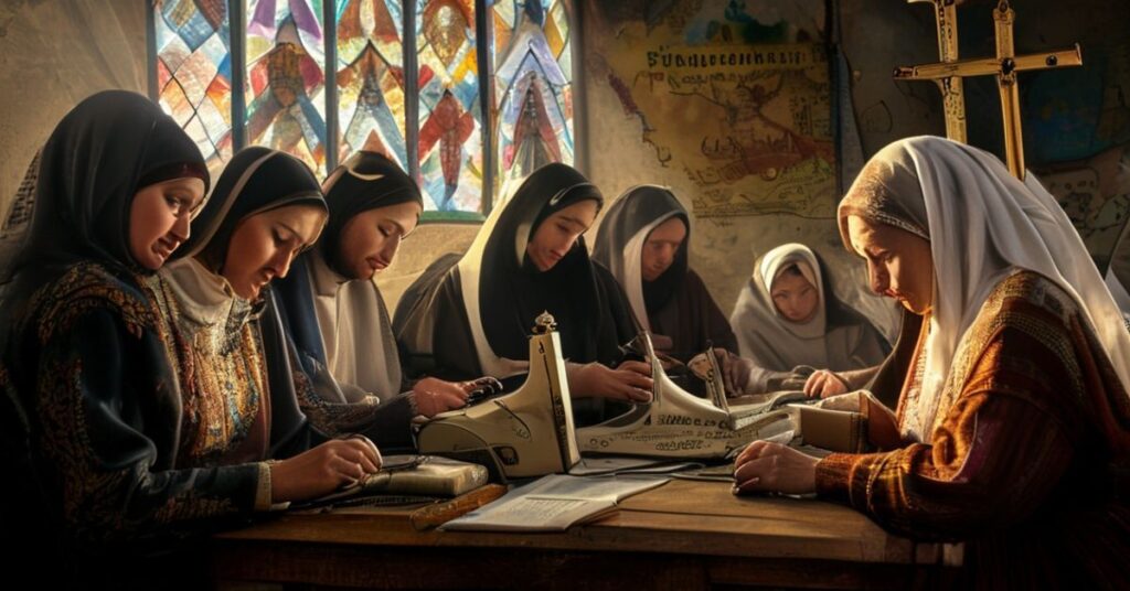 Grupa kobiet szyjąca ciepłą odzież dla ofiar wojny w kościelnej pracowni, z krucyfiksem w tle i witrażami przedstawiającymi Mękę Chrystusa.