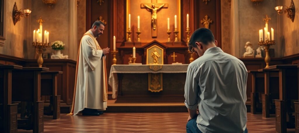Katolicki ksiądz w szatach liturgicznych stoi przed ołtarzem z krzyżem i świecami, podczas gdy młoda osoba modli się klęcząc o duchową pomoc przeciwko uzależnieniom. Scena podkreśla sakramentalną moc Kościoła w walce z narkotykami.