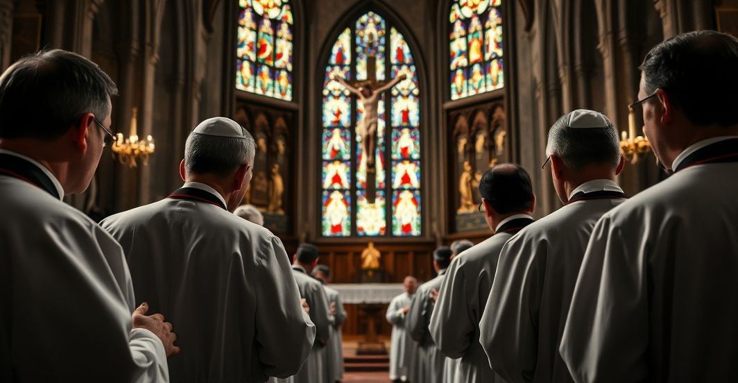 Realistyczne zdjęcie katolickiego duchowieństwa w kościele, modlącego się przy krucyfiksie, symbolizujące tradycyjną wiarę i opór wobec modernistycznych zmian w Kościele