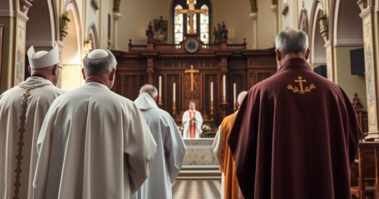 Zdjęcie realistycznego katolickiego duchowieństwa przed ołtarzem, wyrażające głęboki szacunek i kontemplację, symbolizujące sprzeciw wobec modernistycznych reform w Kościele