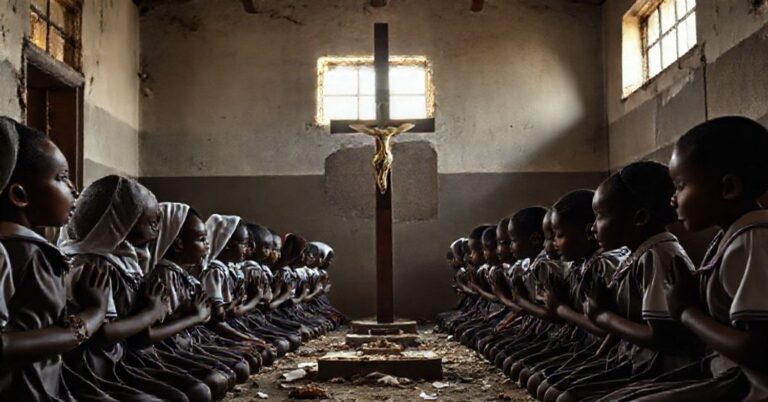 Grupa katolickich dzieci z Nigerii modli się przed krzyżem w zniszczonej szkole.