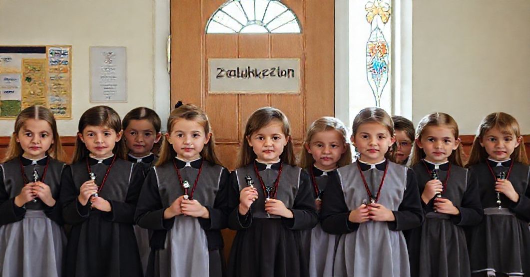 Grupa uczniów w tradycyjnych mundurach szkolnych stoi przed zamkniętą klasą z napisem 'Edukacja Zdrowotna', trzymając różańce. Scena z naturalnym oświetleniem przez witraże.