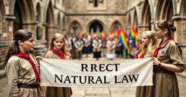 Grupa katolickich dziewcząt w mundurach harcerskich stojących w kościelnym dziedzińcu z transparentem 'Ochrona prawa naturalnego'.