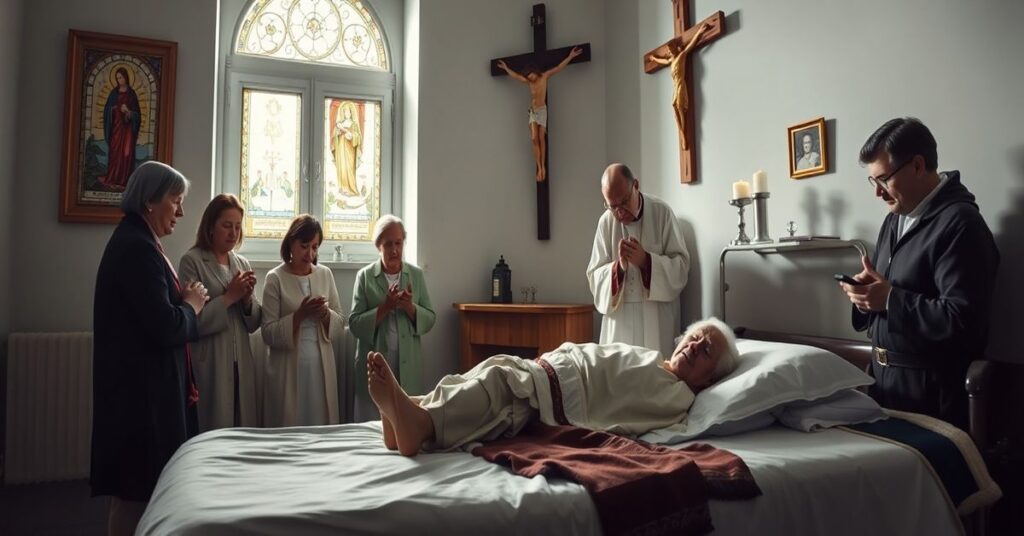 Tradycyjny katolicki dom hospicyjny w Katowicach - stary chory przyjmujący namaszczenie chorych w obecności modlących się wiernych i kapłana w tradycyjnym ornaty.