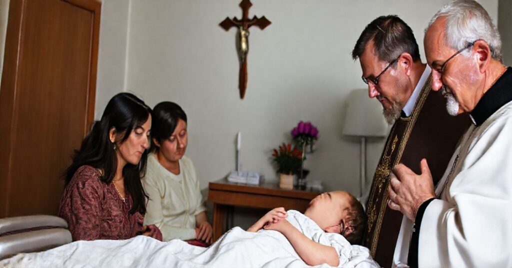 Poważna scena katolicka przedstawiająca rodzinę z ciężko chorym dzieckiem otrzymującą duchową opiekę od kapłana w szpitalnym pokoju, z widocznym krzyżem. Kapłan udziela sakramentów podczas gdy rodzina modli się wspólnie.