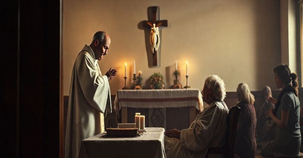 Cerkiew katolicka z tradycyjnym ołtarzem, księdzem w sutannie i starszym pacjentem otrzymującym ostatnie namaszczenie. Scena podkreśla powagę, świętość i brak nowoczesnych interwencji medycznych, koncentrując się na duszpasterskiej opiece. Tło przedstawia skromną kaplicę z krzyżem, lampkami votywnymi i rodziną modlącą się na kolanach. Oświetlenie jest naturalne, ciepłe i wyznawcze, wywołując poczucie pokoju i transcendencji.