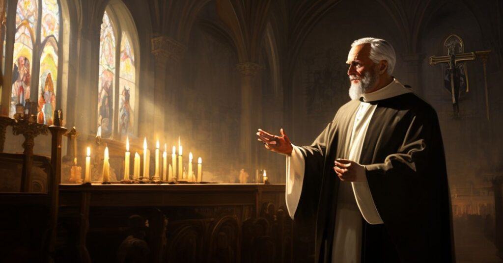 Prawdziwy katolicki ksiądz w tradycyjnym ornaty wygłasza kazanie w pustości nawowego kościoła, podkreślając herezje Soboru Watykańskiego II