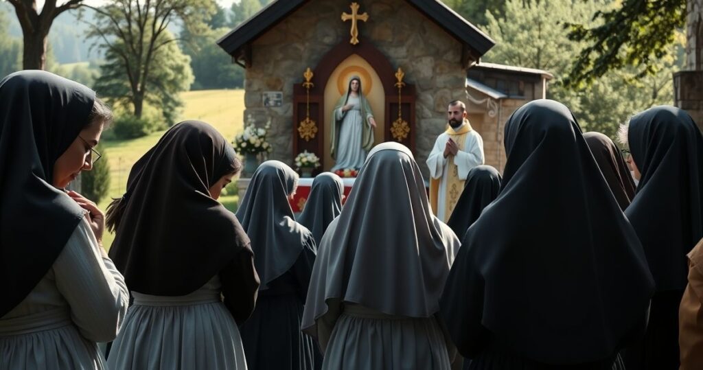 Katholickie kobiety modlące się przy sanktuarium Maryjnym w Polsce, w pełnej szacunku postawie, z kapłanem celebrowanym Mszę Świętą w tle