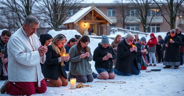 Grupa katolików modli się przed kliniką aborcyjną podczas akcji "Pokój w łonie", z figurą Betlejemską na tle.