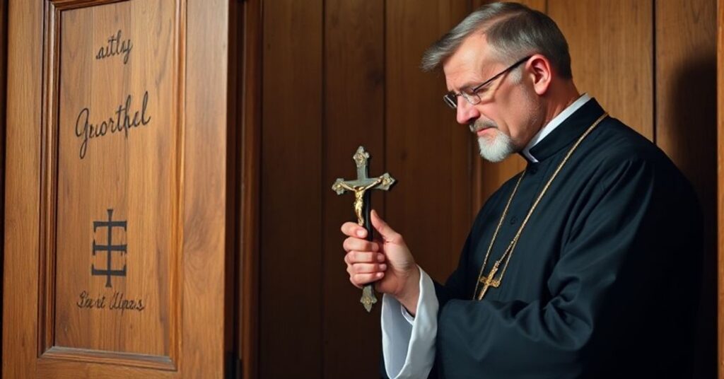 Tradycyjny katolicki kapłan w sutannie słucha spowiedzi w konfesjonale z krzyżem w róce