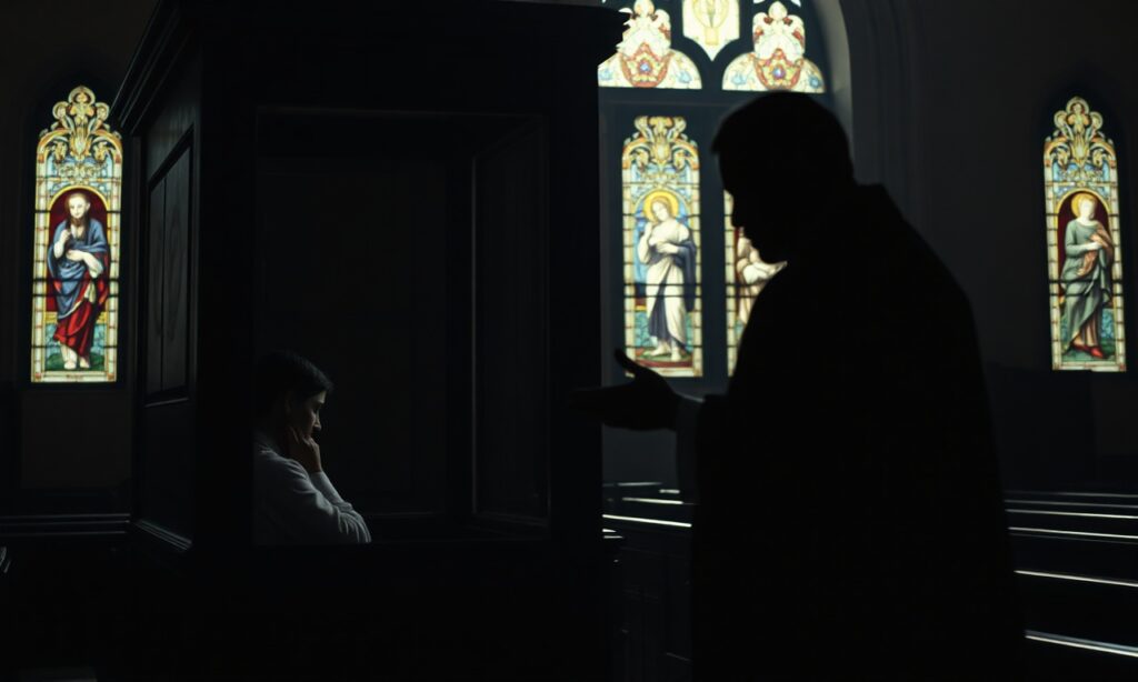 Młoda kobieta Emma w konfesjonale z głową pochyloną w głębokiej skrusze podczas spowiedzi u kapłana w tradycyjnym habicie. Na tle widoczny jest Kristoffer Borgliego jako symbol świata i relatywizmu moralnego.