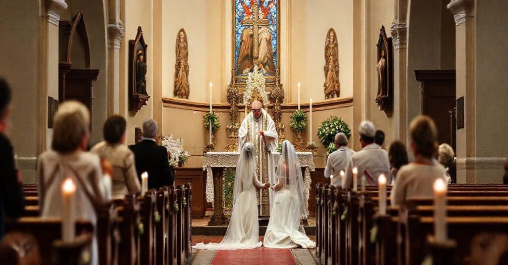 Solemnizacja sakramentu małżeństwa w tradycyjnym kościele z kapłanem w pełnym stroju liturgicznym błogosławiącym parę, otoczoną przez rodzinę w modlitwie.