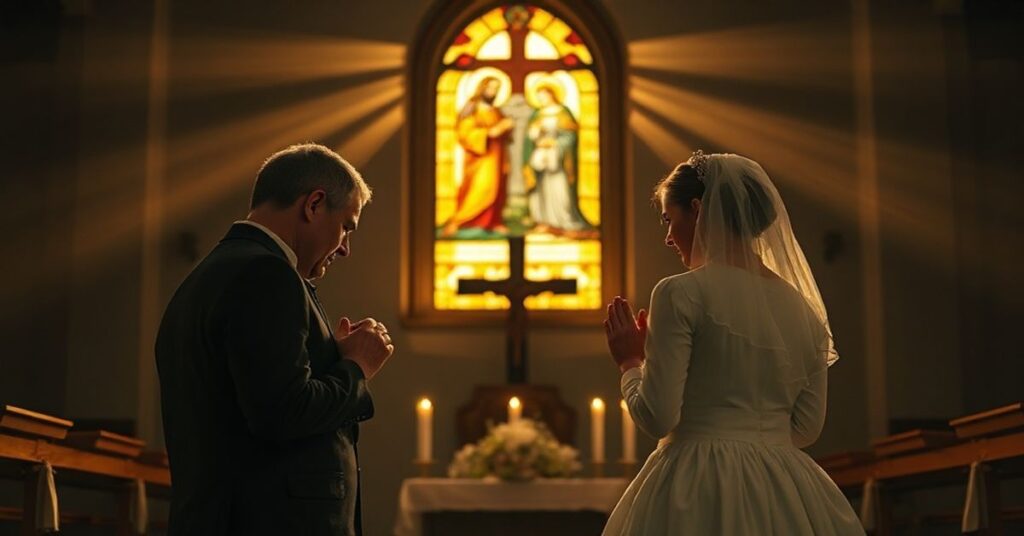 Pobożna para modląca się przed krzyżem w świątyni katolickiej