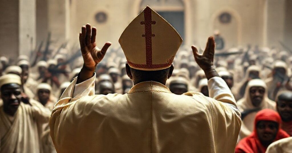 Grupa katolickich męczenników w Nigerii prześladowanych przez islamskich ekstremistów. Biskup w pełnym stroju liturgicznym modli się za nich.