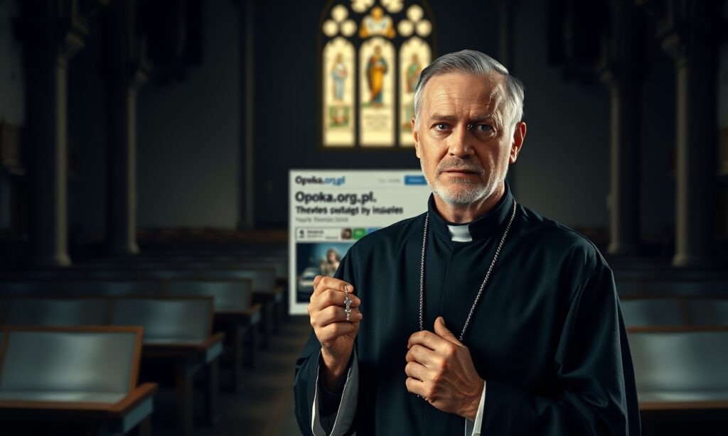Mężczyzna modlący się z różańcem przed stroną Opoka.org.pl z artykułem o ubezpieczeniach samochodowych w tle.