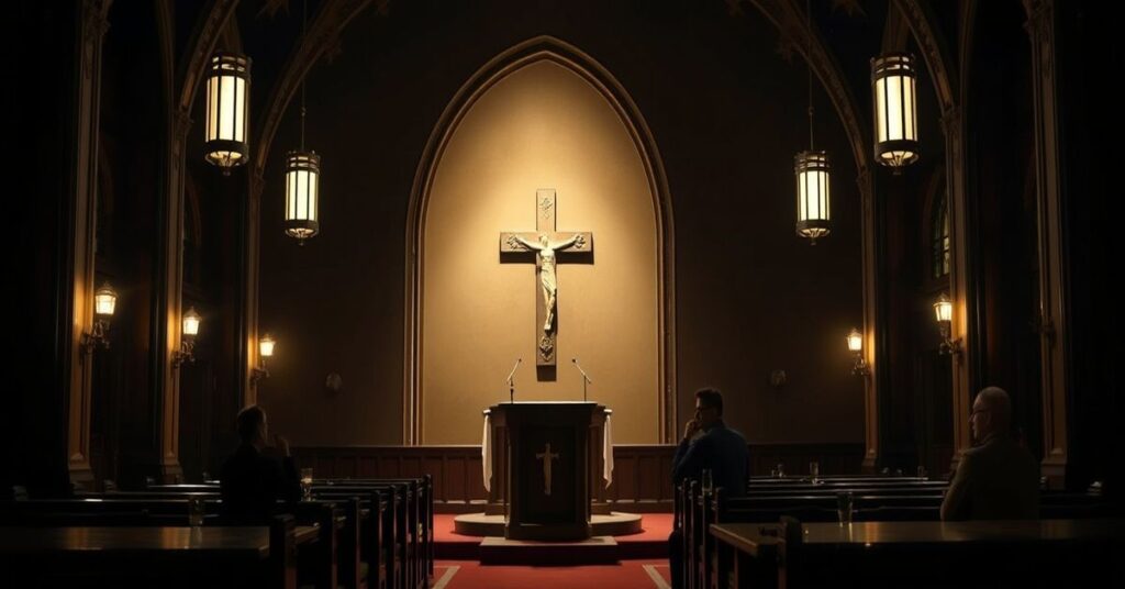 Kontrast między cichą świątynią i barem - symbolizuje degradację poważnych tematów kościelnych do rozrywkowej konwersacji