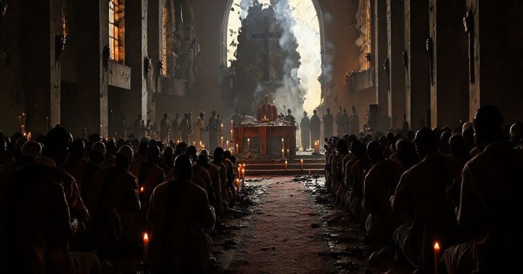 Grupę męczenników katolickich modlących się przed zniszczonym kościołem w Nigerii, otoczonych poświatą świec. W tle widoczne są islamiści z brońmi, symbolizujące prześladowanie chrześcijan.