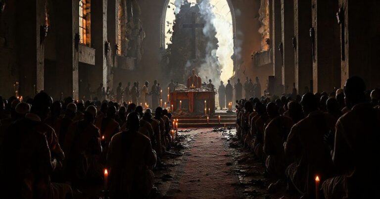 Grupę męczenników katolickich modlących się przed zniszczonym kościołem w Nigerii, otoczonych poświatą świec. W tle widoczne są islamiści z brońmi, symbolizujące prześladowanie chrześcijan.