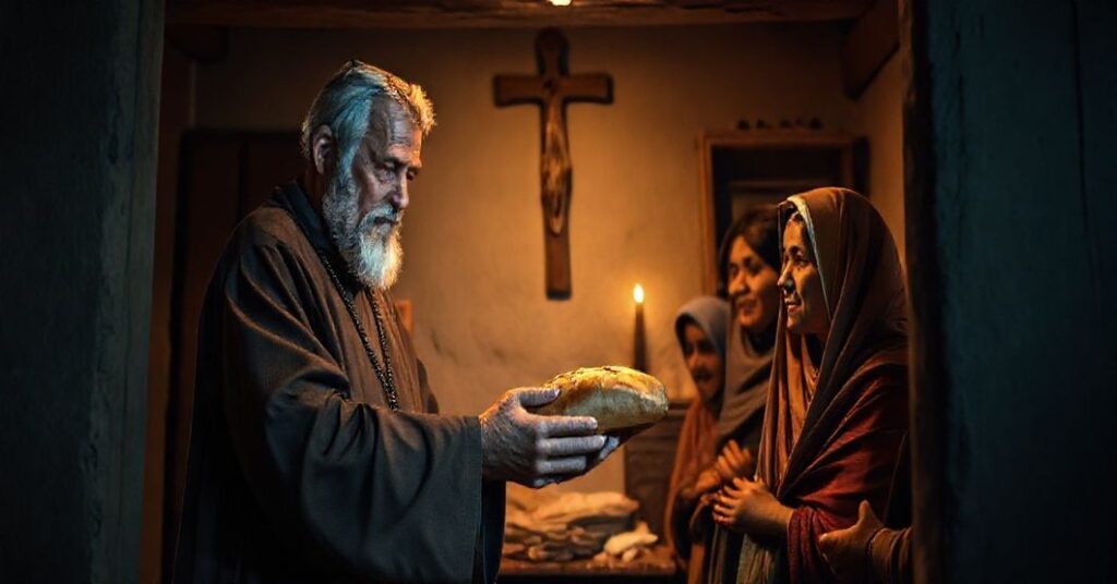 Modny katolik wręcza chleb chłopskiej rodzinie w domowym ołtarzu, podkreślając prawdziwe miłosierdzie z rosariuszem w dłoni