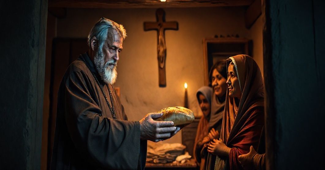 Modny katolik wręcza chleb chłopskiej rodzinie w domowym ołtarzu, podkreślając prawdziwe miłosierdzie z rosariuszem w dłoni