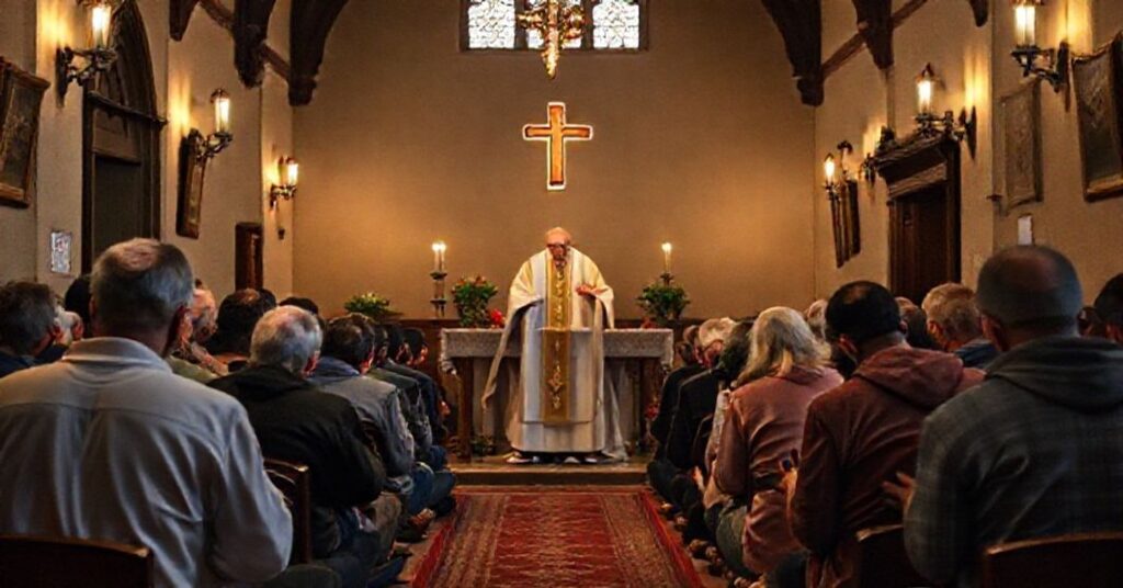 Tradycyjne katolickie zebranie w kaplicy z mszą świętą dla osób bezdomnych podczas Bożego Narodzenia