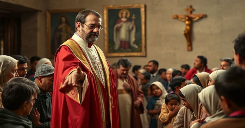 Tradycyjny katoliccy ksiądz w ornacie rozciąga dłoń miłosierdzia przed ubogimi wiernymi przed tabernakulum