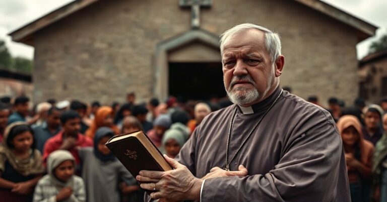 Książ katolicki trzymający Biblię przed kościołem z grupą potrzebujących w tłle. Scena podkreśla nieudany system wsparcia państwowego w kontekście katolickiej nauki o miłosierdziu.