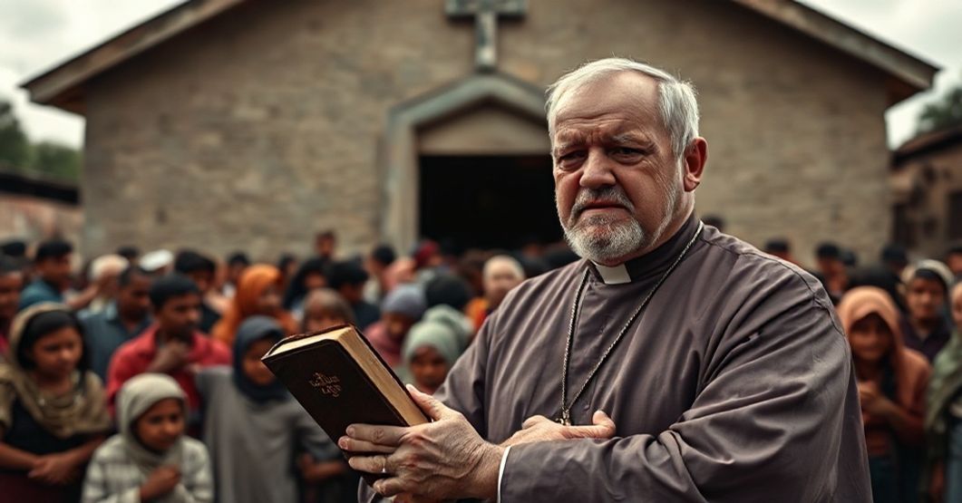 Książ katolicki trzymający Biblię przed kościołem z grupą potrzebujących w tłle. Scena podkreśla nieudany system wsparcia państwowego w kontekście katolickiej nauki o miłosierdziu.