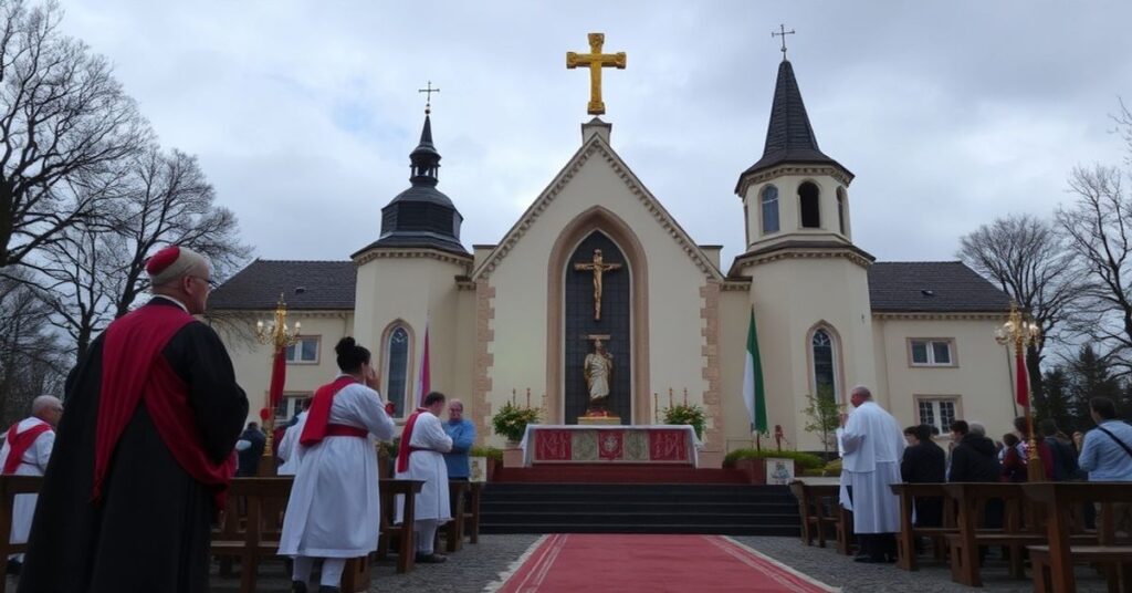 Tradycyjne wnętrze kościoła z wiernymi modlącymi się przed tabernakulum i misjonarzami udzielającymi sakramentu chrztu.